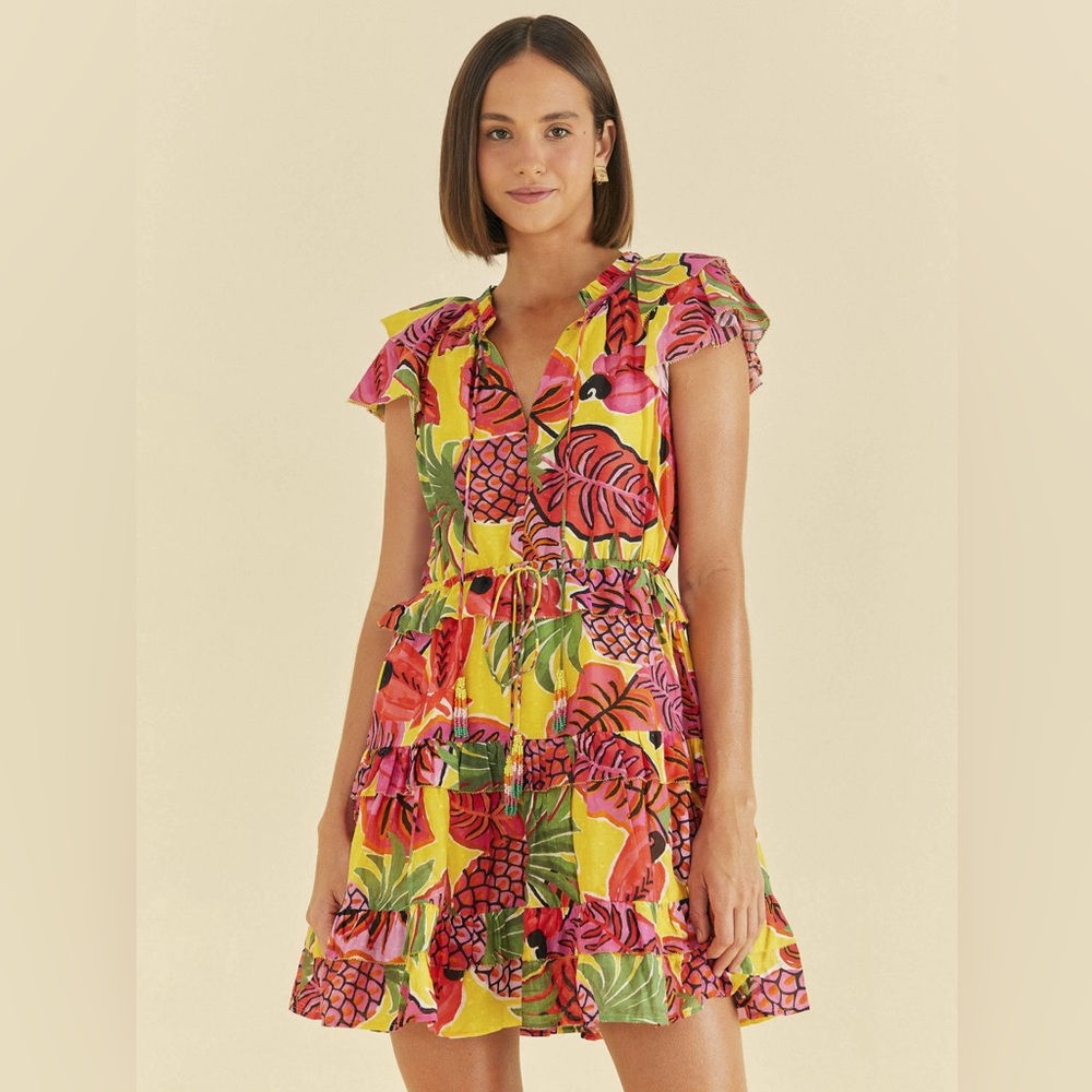 Farm Rio Yellow Fruit Dream Ruffle Mini Dress EUC XS